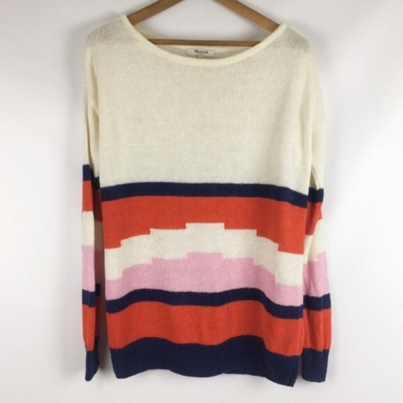 MADEWELL Linen Blockstop Stripe LINEN Aztec Sweater EUC sz S - Picture 4 of 8